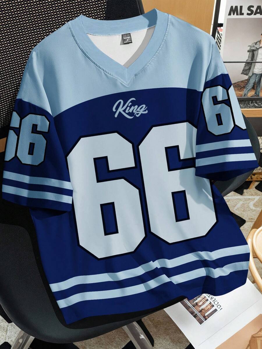 Manfinity Campus Court Camiseta casual de verano para hombre de talla grande con estampado numérico y bloques de color - Multicolor - Ver 1