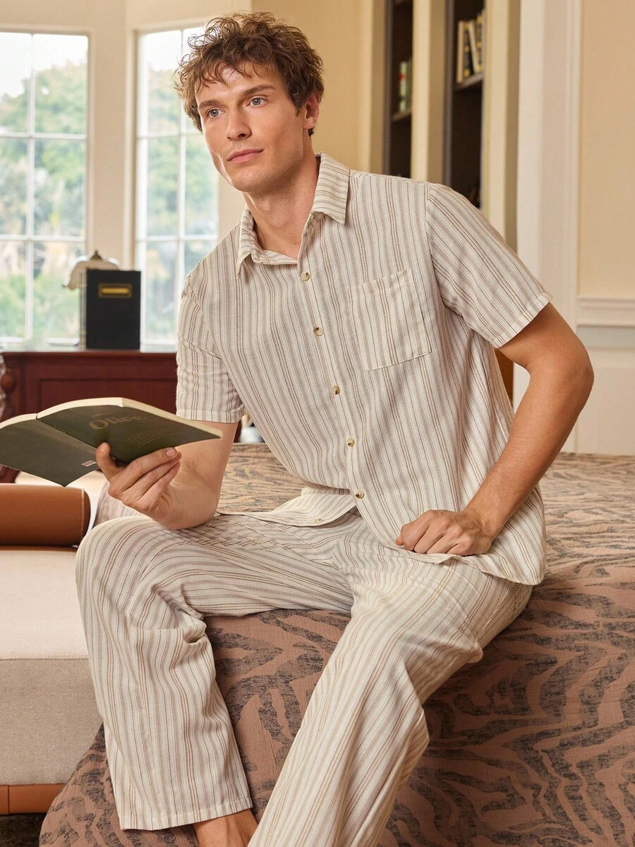 EverLounge Bộ đồ ngủ tay ngắn ôm vừa vặn họa tiết sọc dệt cho nam - Nhiều màu - Xem 1