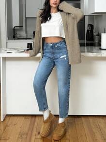 SHEIN Tall 100% Cotton HIGH RISE MOM CUT RIPPED WOMEN JEAN TALL Women Clothing Jeans Jeans Outfit For Women Jeans For Women Women S Street Wear Women Summer Clothing Women S Bottoms Woman S Summer Clothes Women Jeans Plus Size - Medium Wash - View 5