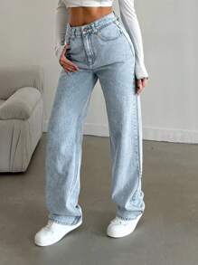 EURMUSE Snow Wash Straight Leg Jeans High Rise - Light Wash - View 4