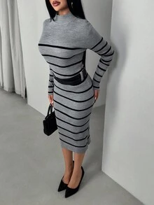 EURMUSE Vestido de punto acanalado con cinturón y rayas horizontales negras con CINTURÓN - Gris - Ver 3
