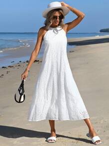 RueChic Tunic Dress With Eyelet Embroidery, Keyhole At The Back, Halterneck, Long Length - White - View 4