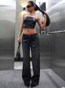 SHEIN Cottnline Low Waist Diamond Detailed Straight Jean - Black - View 5