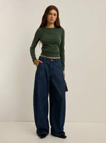 Nöista 女士纯色圆领长袖不对称褶皱修身时尚 T 恤，适合秋冬季、办公室、休闲、音乐会 - 綠色 - 查看 1