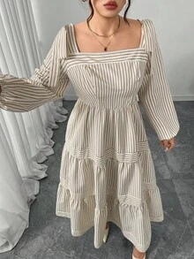 Modelyn Plus Size Women Elegant Waist Cinched Striped Long Sleeve Dress Fall Cloth For Women - Khaki - View 7