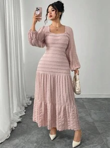 Modelyn 女式针织长袖开衩领口加大码荷叶边下摆连衣裙 - 藕粉色 - 查看 3