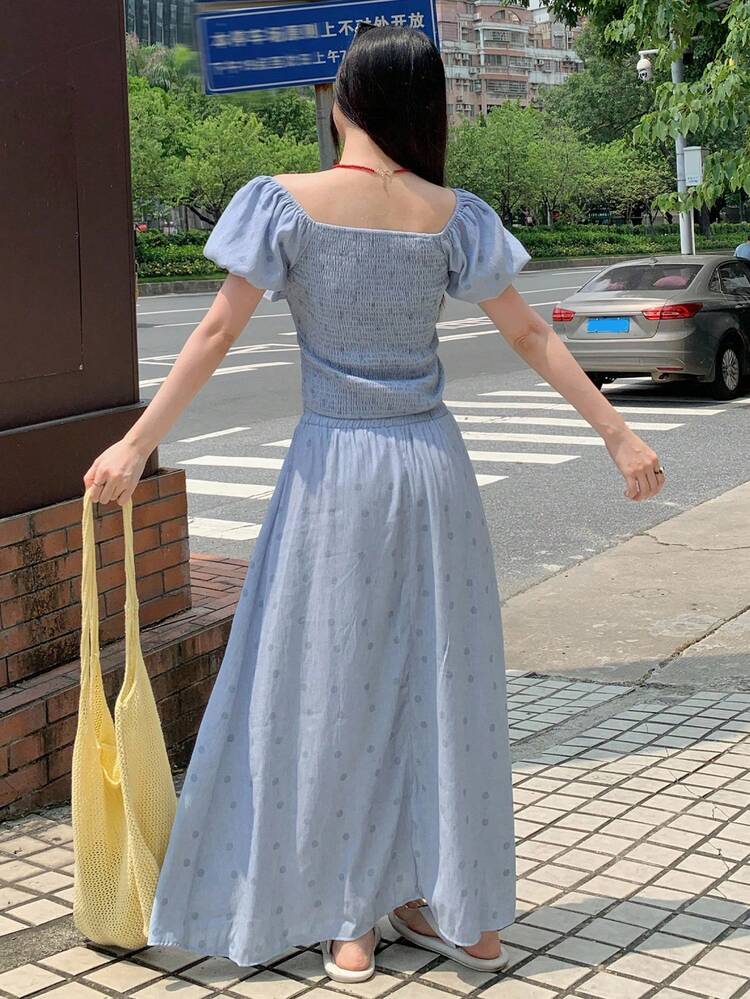 2pcs Women Polka Dot Square Collar Ruffle Tie Blouse And Elastic Waist A-Line Skirt Set Off Shoulder Top