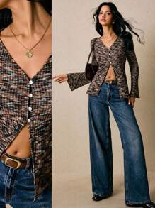 Poéselle Long-Sleeved Knit Top With Front Slits,Abstract Rib-Knit Asymmetric Button Front Top | Long-Sleeve V-Neck Knit Blouse,Asymmetric Button Top, Y2K Knit Top, Abstract Print Blouse, Rib Knit Top, Fall Layering Top,Women's Casual Commuter Mixed Fabric Front Button Blouse,Simple And Fashionable, Old Money Style, Suitable For Daily Wear, Going Out, Commuting, Dating, Home, Vacation And Other Occasions.Fall Women Clothes ,Poeselle - Multicolor - View 2