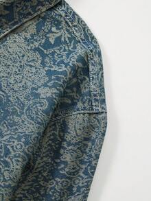 ROMWE MEN Street Life Men's Cashew Print Long Sleeve Single-Breasted Denim Jacket , Fall - Black - View 4