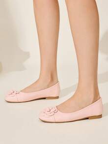 CUCCOO CHICEST Women's Floral Embellished Square Toe Ballet Flats, Elegant Sweet Commuting Romantic Comfortable Classic Light Pink Faux Leather Slip-On Shoes For Afternoon Tea, Date, Party, Office, School, Vacation, Versatile - Baby Pink - View 7
