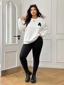 SHEIN EZwear Conjunto de 2 Peças Top Casual Solta de Manga Longa e Calça Skinny Plus Size - Preto e Branco - Visão 4