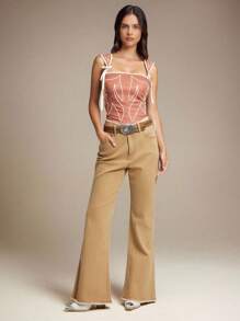 WESTFADE 纳什维尔牛仔女郎西部刺绣方领可爱蝴蝶结肩带褶饰后背修身短款夏季牛仔竞技背心 - 粉色 - 查看 3