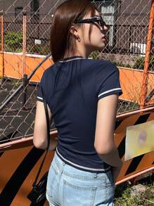 DAZY Women's Letter Printed Round Neck Short Sleeve T-Shirt,Graphic Tees - Navy Blue - View 2