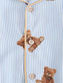 Cozy Pixies 2件套男童卡通熊图案翻领短袖开衫和松紧腰短裤套装 - 霧霾藍 - 查看 7