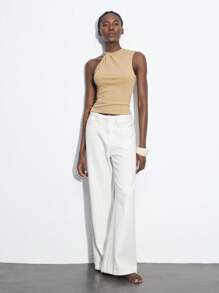 Maija Modern Urban Asymmetric Collar Twisted Knot Textured Striped Sleeveless Cropped Tank Top, Suitable For Music Festivals, Easter Parties,Vacation Outfits - Khaki - View 2