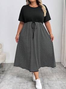 SHEIN CURVE+ Kurvenreiche Große Größen/Herbstkleidung/Herbstmode für Frauen/Winterkleidung für Frauen/Wintermode Große Größen Modische Lässig-bis-Business Elegante Free People Schulanfang, Outfit für Lehrer, Business-Profi, Pride-Bekleidung Schwarzes Kleid, Herbst, Konzerte, Damen Rundhals Taschen Mini Kleid, Gestreiftes Maxikleid