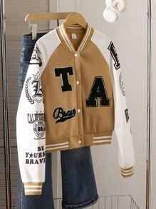 1pc Teen Girl Jacket Baseball Coat, Elastic Striped Cuffs & Collar, Contrast Color Sleeves, Graphic Print Front, Casual Cool Outerwear For Autumn/Winter - Khaki - View 1