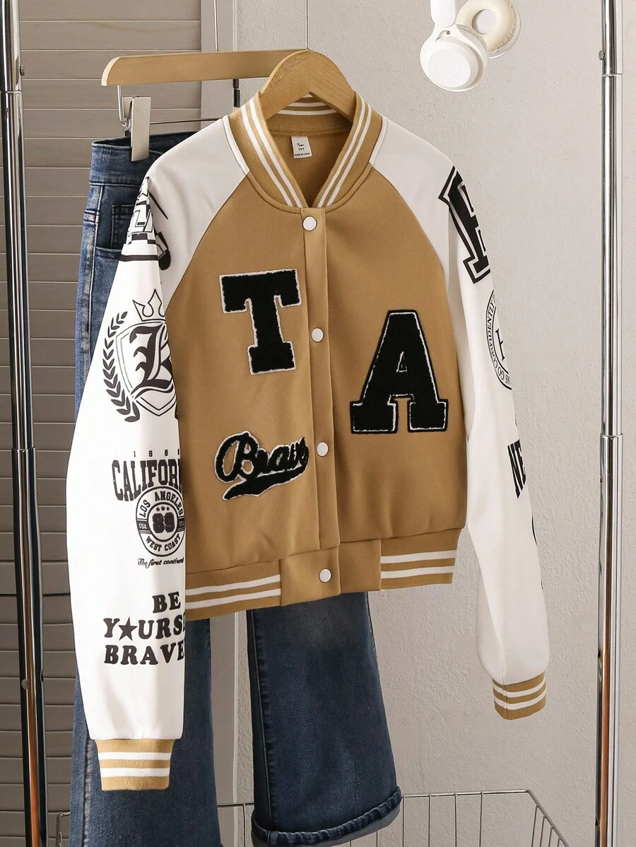1pc Teen Girl Jacket Baseball Coat, Elastic Striped Cuffs & Collar, Contrast Color Sleeves, Graphic Print Front, Casual Cool Outerwear For Autumn/Winter - Khaki - View 1