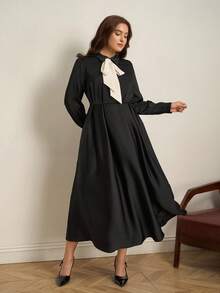 SHEIN Clasi Plus Size Women Acetate Satin Texture Black Dress,Autumn Elegant Formal Evening Tea Party Outfits,Modest French Style Business Professional Work Wear - Black and White - View 3