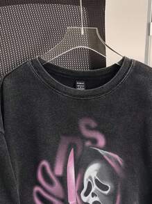 SHEIN EZwear Luźna, minimalistyczna koszulka damska z krótkim rękawem i nadrukiem w kształcie czaszki Scream w kolorze czarnym, dzianinowa, luźna, odpowiednia na lato