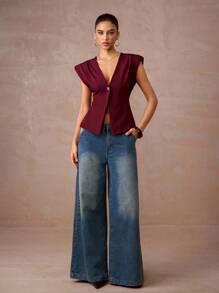Lumalex Burgundy,Summer,Elegant,Night Out Women's V Neck Asymmetrical Hem Shirred Waist Wide Shoulder Blouse Glitter Holiday Party Rave Bohemian Luxury Top - Burgundy - View 3