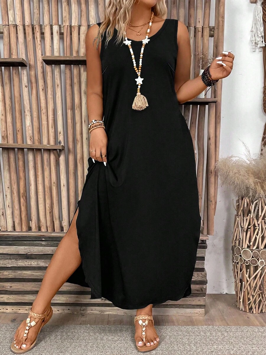 EMERY ROSE 2025 Summer New Round Neck Sleeveless Dress Women, European And American Style Leopard Print Hem Side Split Pullover Tank Top For Women