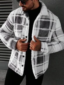 Manfinity CasualCool Men's Plaid Long Sleeve Single-Breasted Pocket Casual Fleece Jacket Fuzzy Jacket , Fall/Winter - Multicolor - View 4