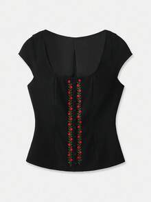 lacRébo Top ajustado con bordados inspirados en un corsé, con mangas cortas. Atuendo de oficina, estilo empresarial casual. Top de otoño e invierno - Negro - Ver 8