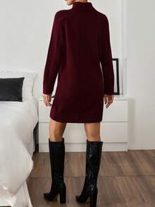 EURMUSE 深酒红色立领修身麻花袖针织毛衣裙 - 酒紅色 - 查看 4