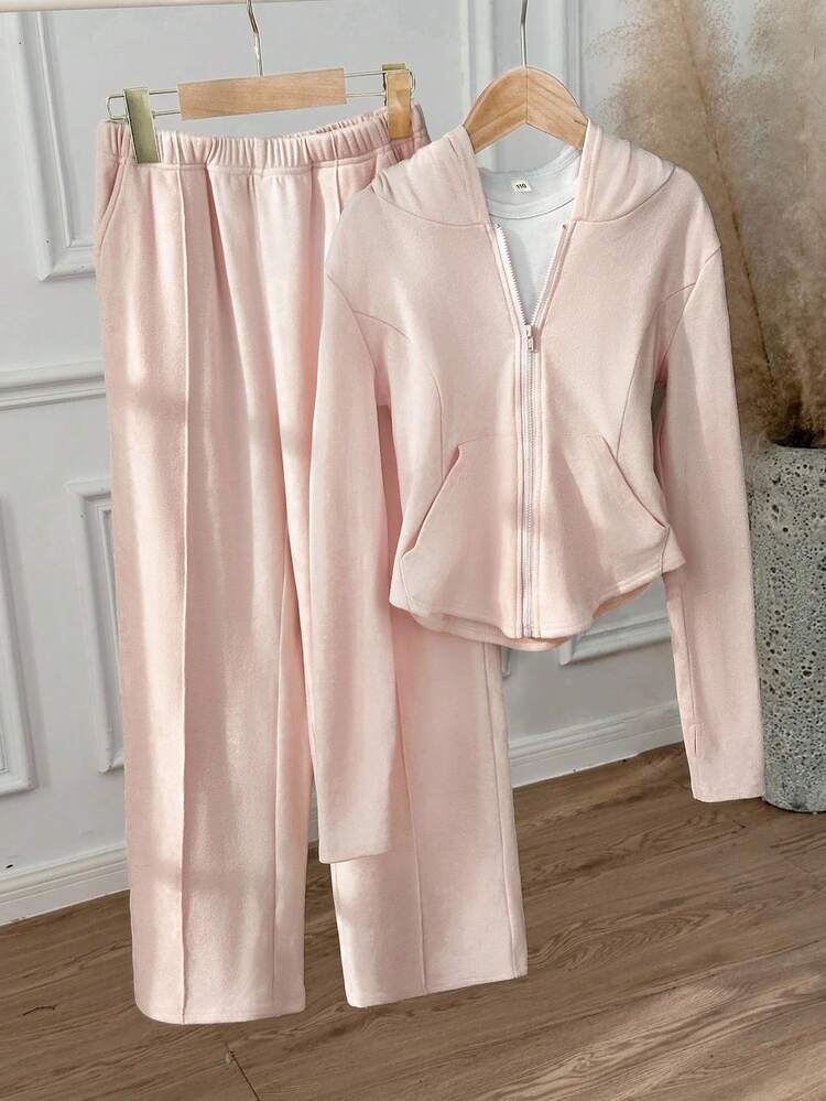 SHEIN Tween Girls 2pcs Solid Pink Drawstring Hoodie Top And Wide Leg Pants Set, Casual For Spring/Autumn, Daily Wear, Tween Girls Light Pink Outfit, Spring Autumn Tween Girls Pants Set, Winter Girls Clothes, Mommy And Me Matching Outfit, Chic Autumn, Chic Autumn Mother Daughter Outfits Fall Girls Long Sleeve Tracksuit Pink Loungewear Set - Pink - View 11