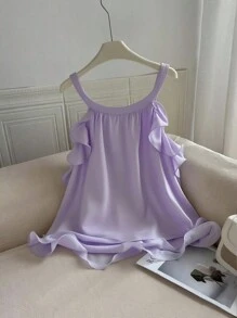 Franclia 大码女式休闲可爱荷叶边下摆甜美无袖衬衫 - 淡紫色 - 查看 2