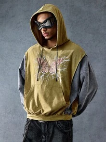 ROMWE MEN Street Life Men's Butterfly Graphic Print Contrast Color Drawstring Pocket Hoodie Sweatshirt - Brown - View 10