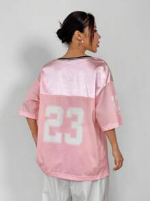 SHEIN EZwear Áo thun nữ cỡ lớn in kỹ thuật số, kiểu dáng phối mảnh, thích hợp cho mùa hè, đi học, thu, công sở, đi làm, dành cho giáo viên. - Hồng - Xem 2