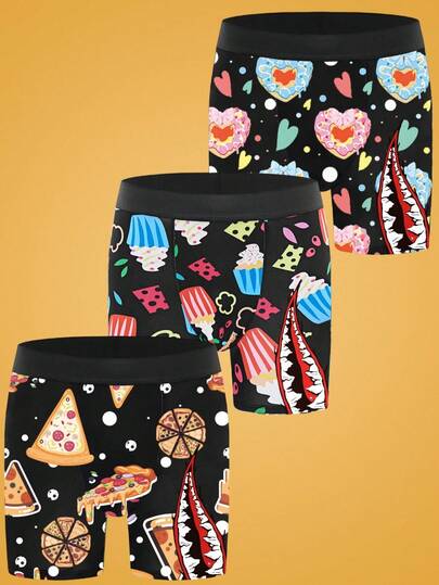 Happy Jammies 3pcs/Pack Men's Comfortable Casual Food Print Boxer Briefs Food Pattern
