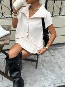 Siren Gaze 秋冬女士时尚翻领抽绳纽扣夹克 - 杏色 - 查看 7