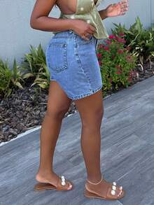 Alexandranx Pantalones cortos de mezclilla con bolsillos y ajuste relajado para mujer - Azul lavado medio - Ver 3