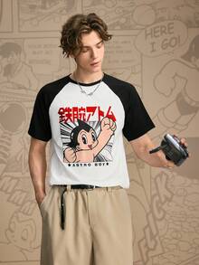Astro Boy X SHEIN Men's Casual Cartoon Pattern Contrast Color Raglan Sleeve T-Shirt, Summer - White - View 1