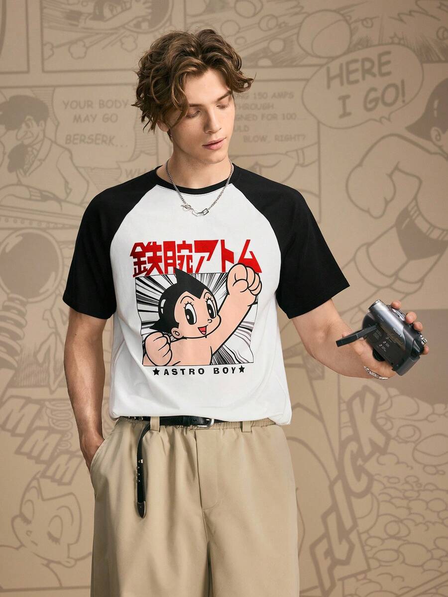 Astro Boy X SHEIN Men's Casual Cartoon Pattern Contrast Color Raglan Sleeve T-Shirt, Summer - White - View 1
