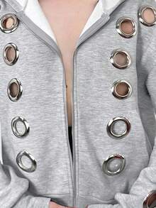 LYSMO 女士时尚前卫镂空设计灰色连帽衫，秋冬款 - 灰色 - 查看 7