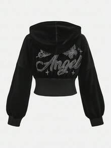 Tween Girl Velvet Rhinestone Hoodie & Fitted Pants 2pcs Suit Set, Fashion Casual Outfit For Halloween, Christmas Party, Weekends, Casual Outing Fall Winter - Black - View 12