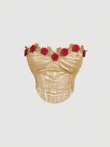 SHEIN MOD Conjunto de talla grande vintage: Corpiño de encaje dorado con contraste de flores 3D en rojo, combinado con falda midi de terciopelo borgoña con abertura, volantes y cintura alta. Romántico y elegante para bodas, graduaciones, fiestas y ocasiones formales. - Dorado - Ver 5