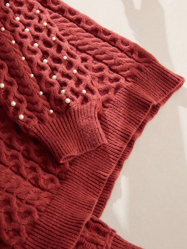 Plus Size Fashionable Beaded Decoration Sweater, Pearl Embellished Sweater, Jumpers For Women Plus, Autumn/Winter, Burgundy Top, Wine Red  Sweater Fall