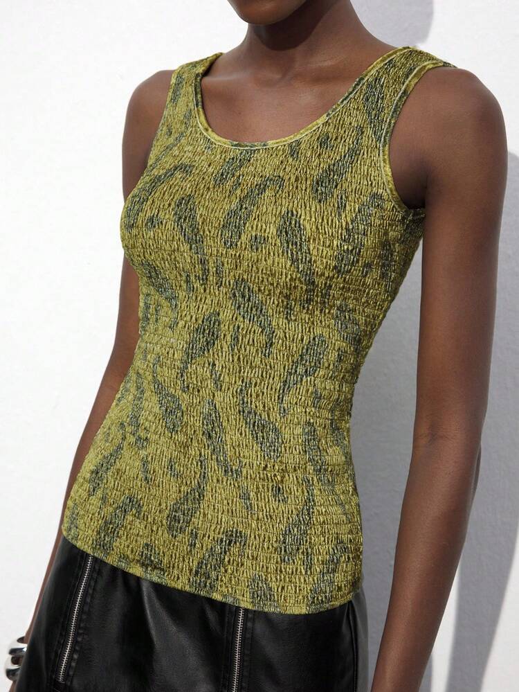 SHEIN Maija Casual Short Green Paisley Flower Print Camisole Top For Daily Work, Versatile Autumn/Winter & New Year, Festival