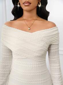 SHEIN Lady 白色针织提花重叠领铅笔长袖连衣裙鸡尾酒会海滩 - 米色 - 查看 8