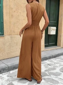Serisse 女式纯色无袖V领纹理面料连体裤 - 咖啡棕 - 查看 2