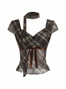 ROMWE J-Fashion Y2K 女士格纹设计休闲 T 恤，时尚百搭，适合日常穿着 - 棕色 - 查看 3