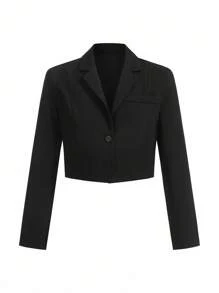 SHEIN x PRISCILA & JIMENA DAZY Business Casual Plain Color Cropped Suit Jacket - Black - View 1