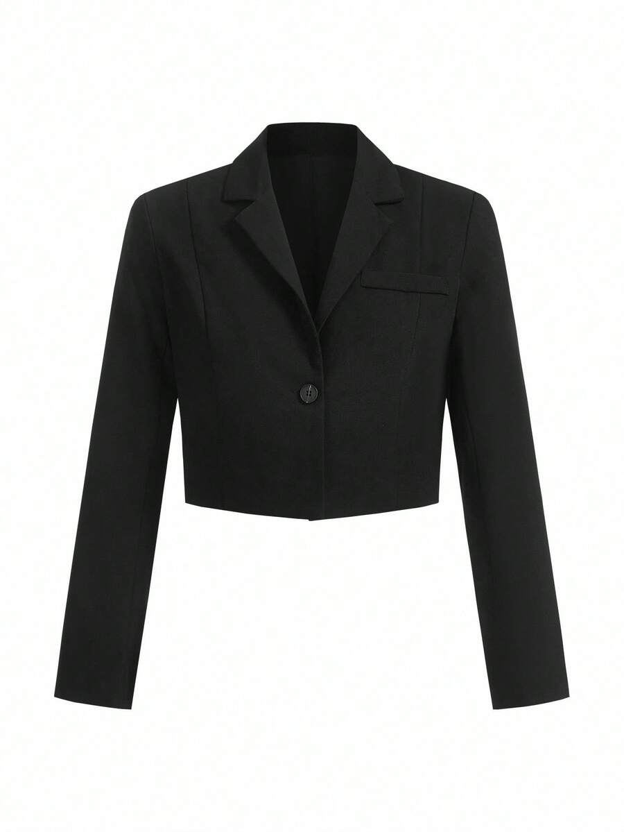 SHEIN x PRISCILA & JIMENA DAZY Business Casual Plain Color Cropped Suit Jacket - Black - View 1