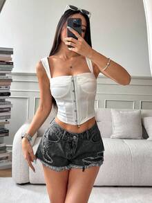 SHEIN PETITE 夏季休闲水洗做旧磨边牛仔短裤 - 灰色 - 查看 4