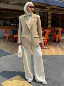 Joudiya 商务休闲纯色西装外套，秋季女装，优雅时尚 - 卡其色 - 查看 3